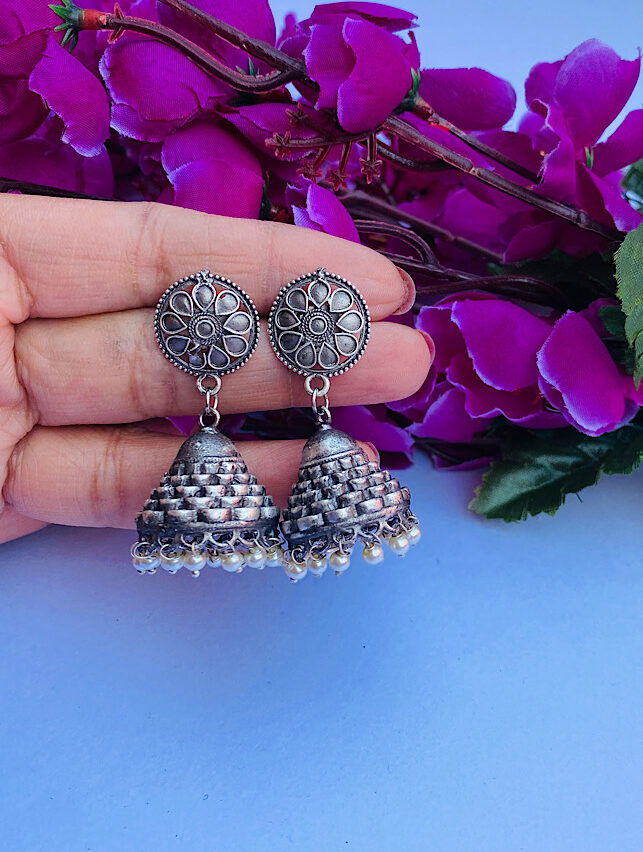 Forever Oxidised – Silver Pearl Jhumki