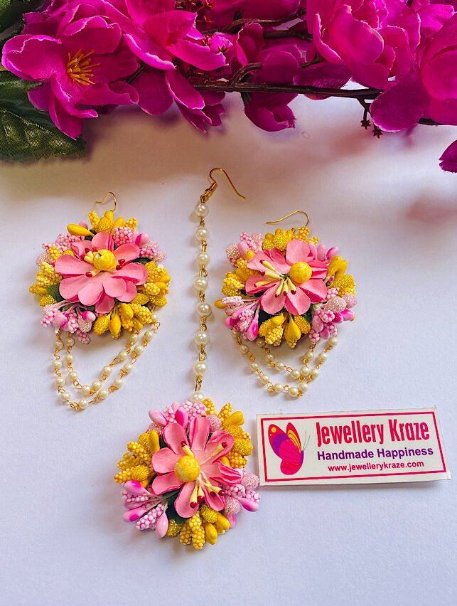 Shakuntala’s Floral – Radiance Pink Yellow Earings Set