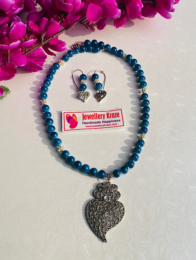 Tribal Handmade- Inkblue Heart Pendent Necklace Set