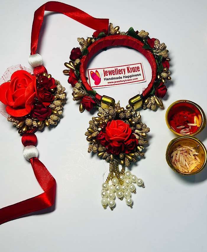 Handmade Floral Couple Rakhi – Red